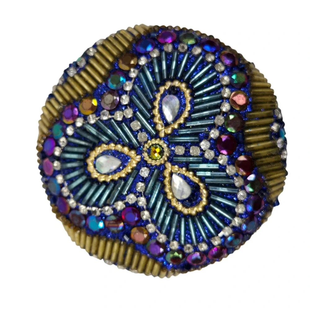 2 Vintage Beaded Bejeweled Trinket Boxes Round Domed Tins Iridescent Gold Blue